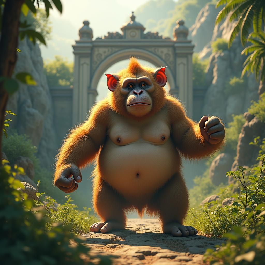 Heroic Monkey in Prehistoric Jungle, Fantasy Concept Art