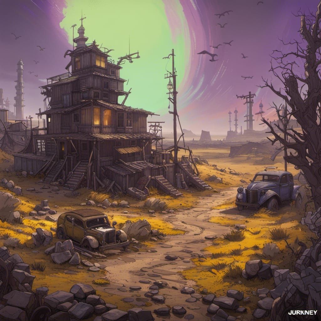 Post-Apocalyptic Wonderland: Cel-Shaded Landscape with Auror...