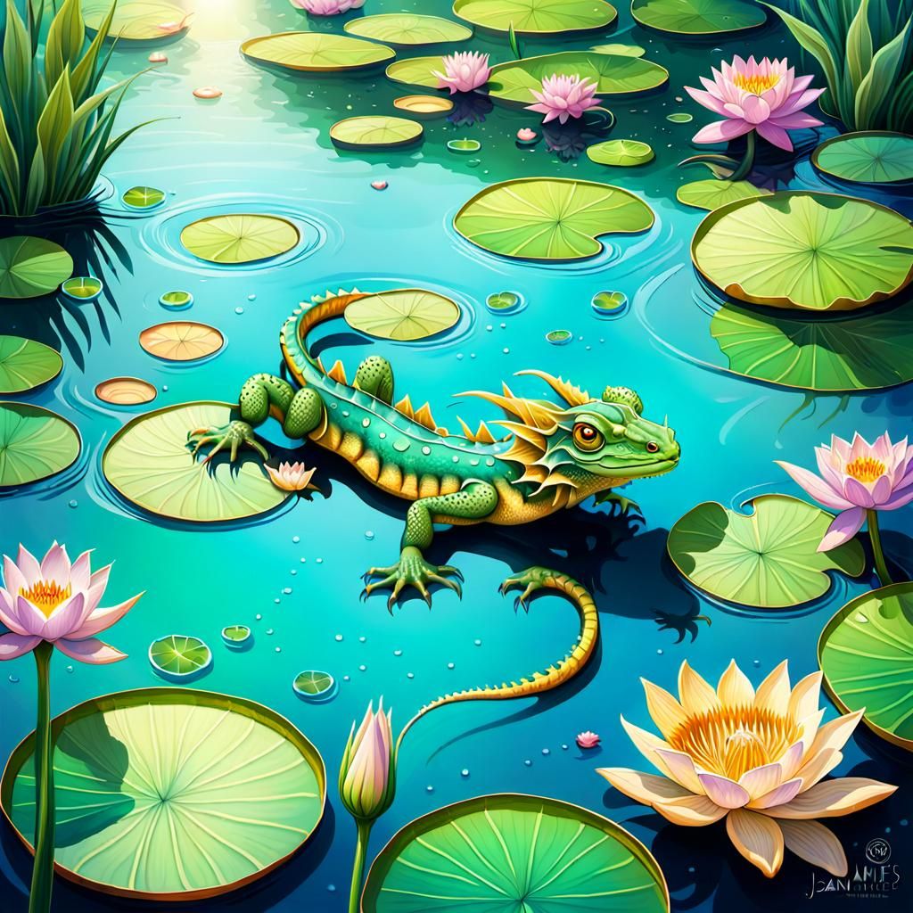 Adorable Baby Water Dragon in Whimsical Pond Art