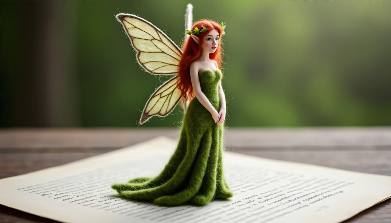 Realistic Felt Fairy Standing on Paper