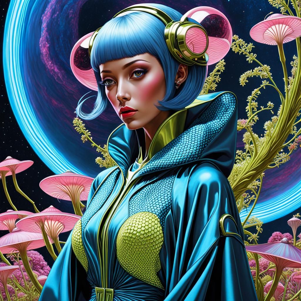 Blue Alien Among Carnivorous Plants, Art Nouveau Style