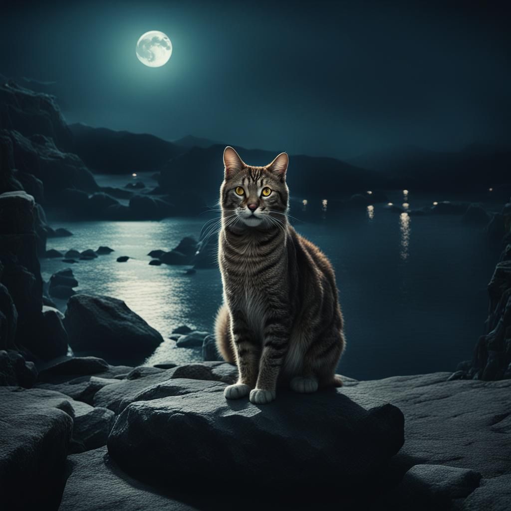 Dramatic Cat Portrait with Moon and Water Background