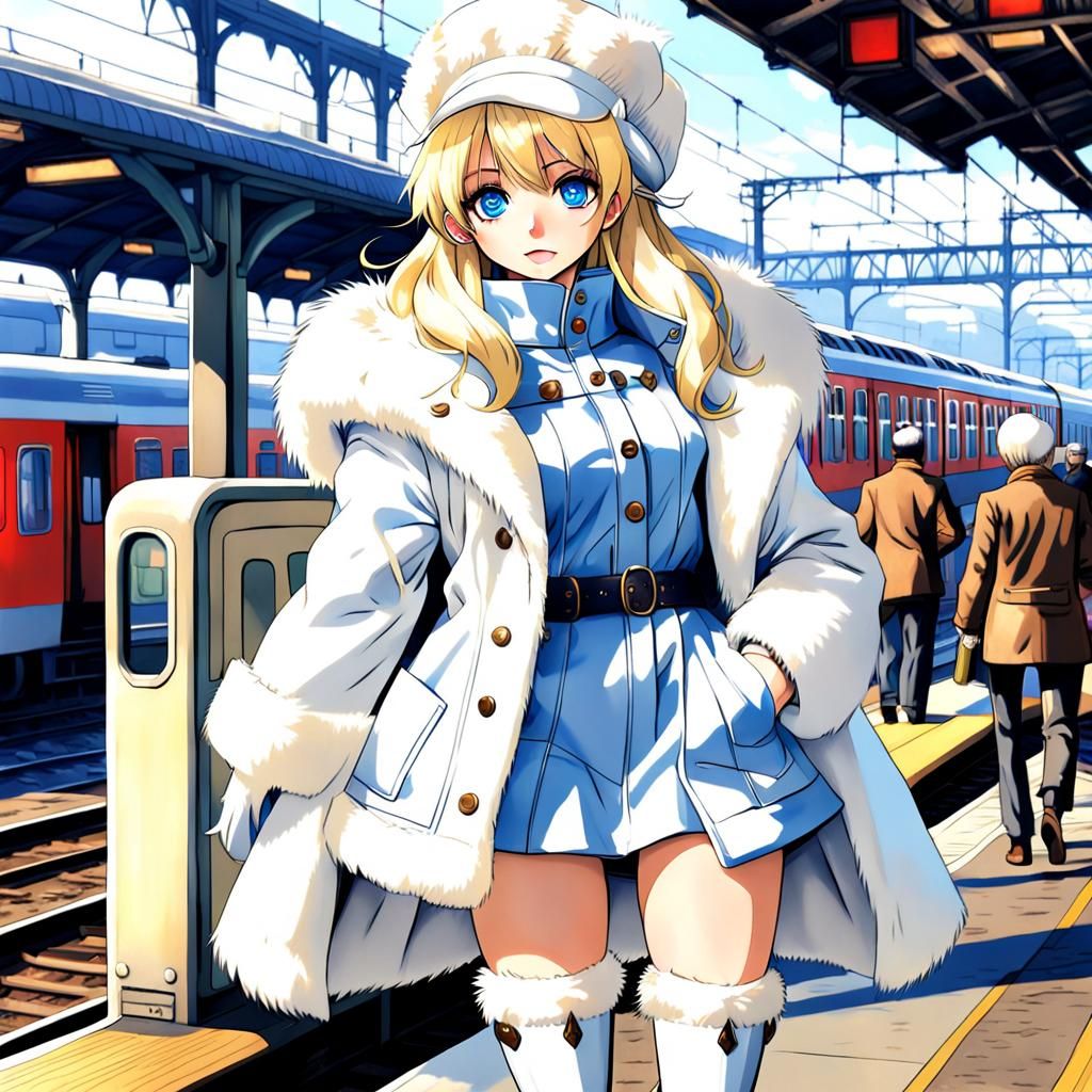 Anime Style Blonde Girl at 1960s Train Station