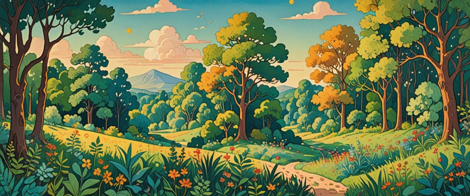 Mystical Forest Glade Folk Art Painting with Vast Sky