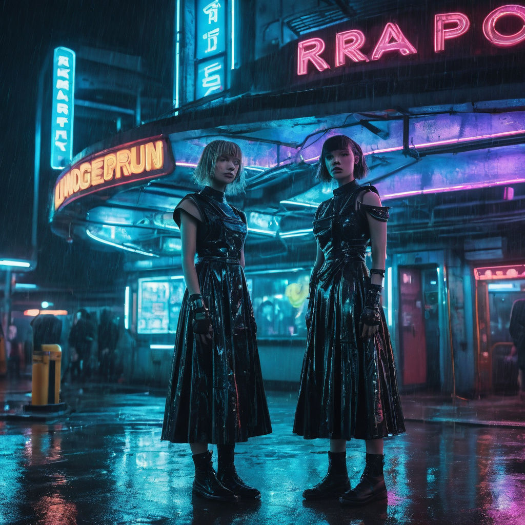 Cyberpunk Singers in Rainy City, Cinematic Film Still