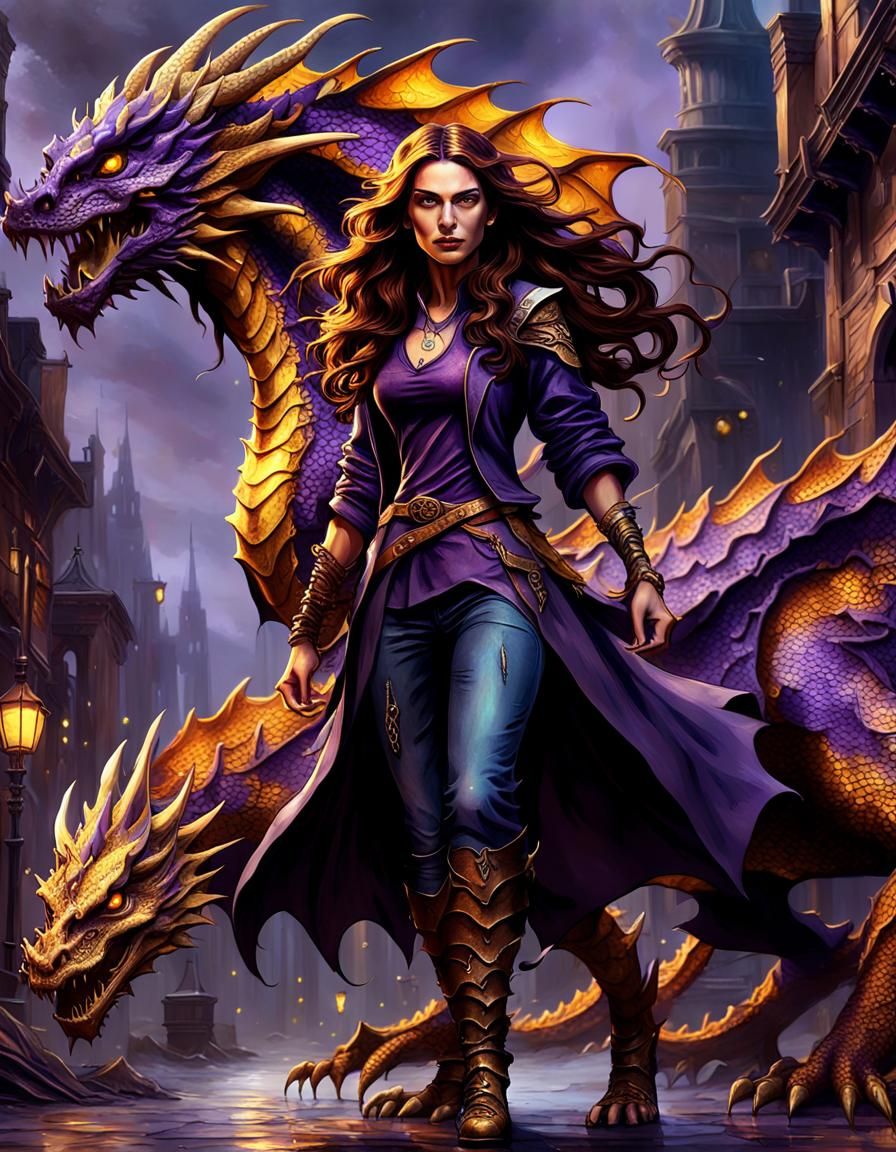 Powerful Woman with Dragon in Urban Fantasy Style