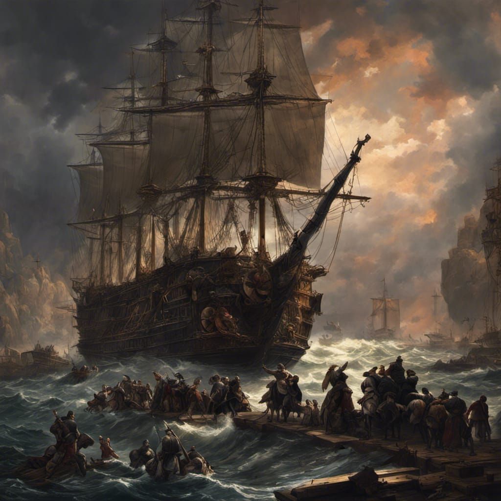 Ship Prepares for Battle in Romanticism Style