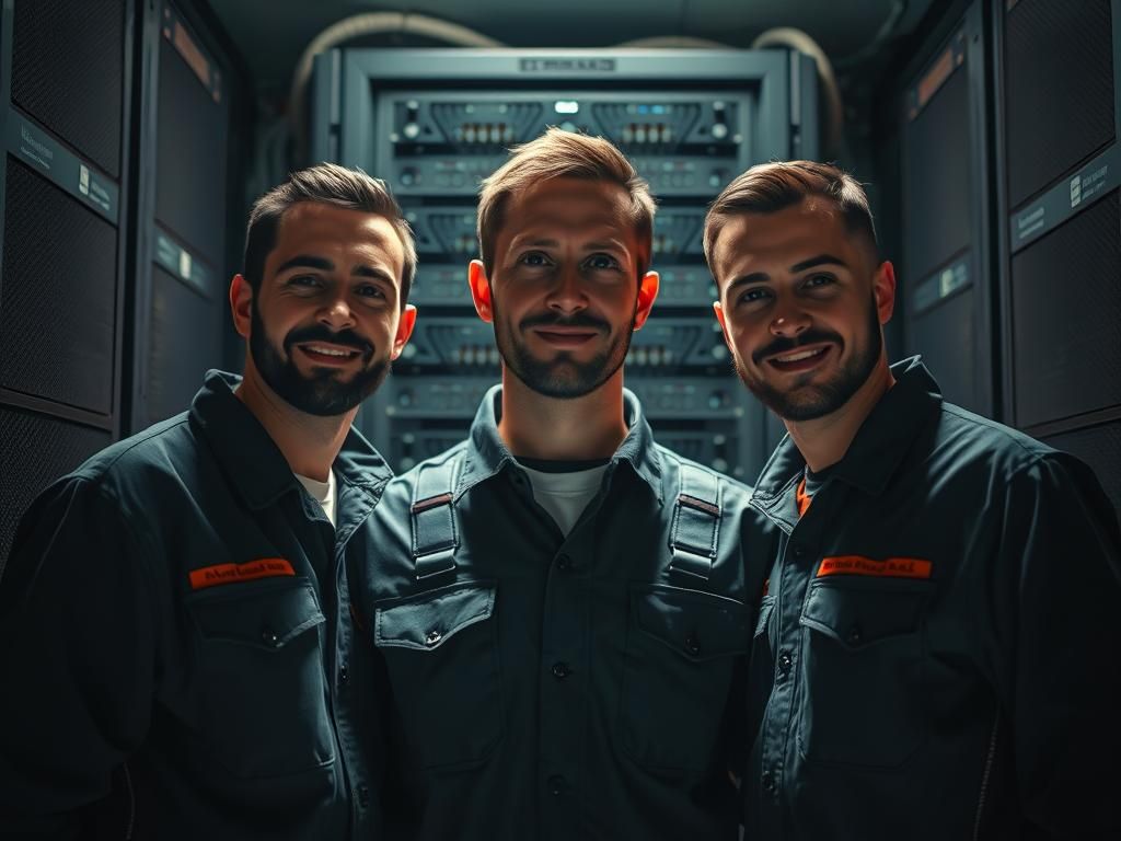 Men in Server Room, Surrealist Digital Art