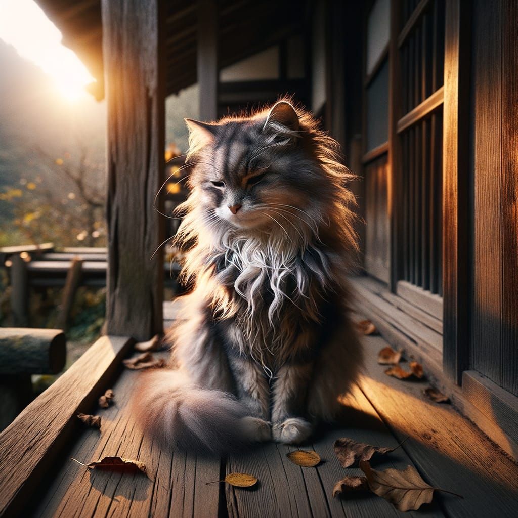 Wabi-Sabi Cat Embraces Imperfection in Tranquil Scene