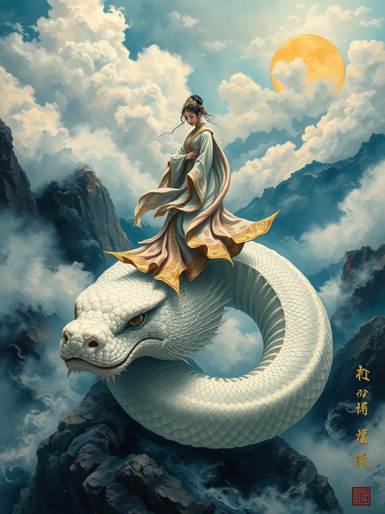 Impasto Oil Painting of Woman in Hanfu on White Snake