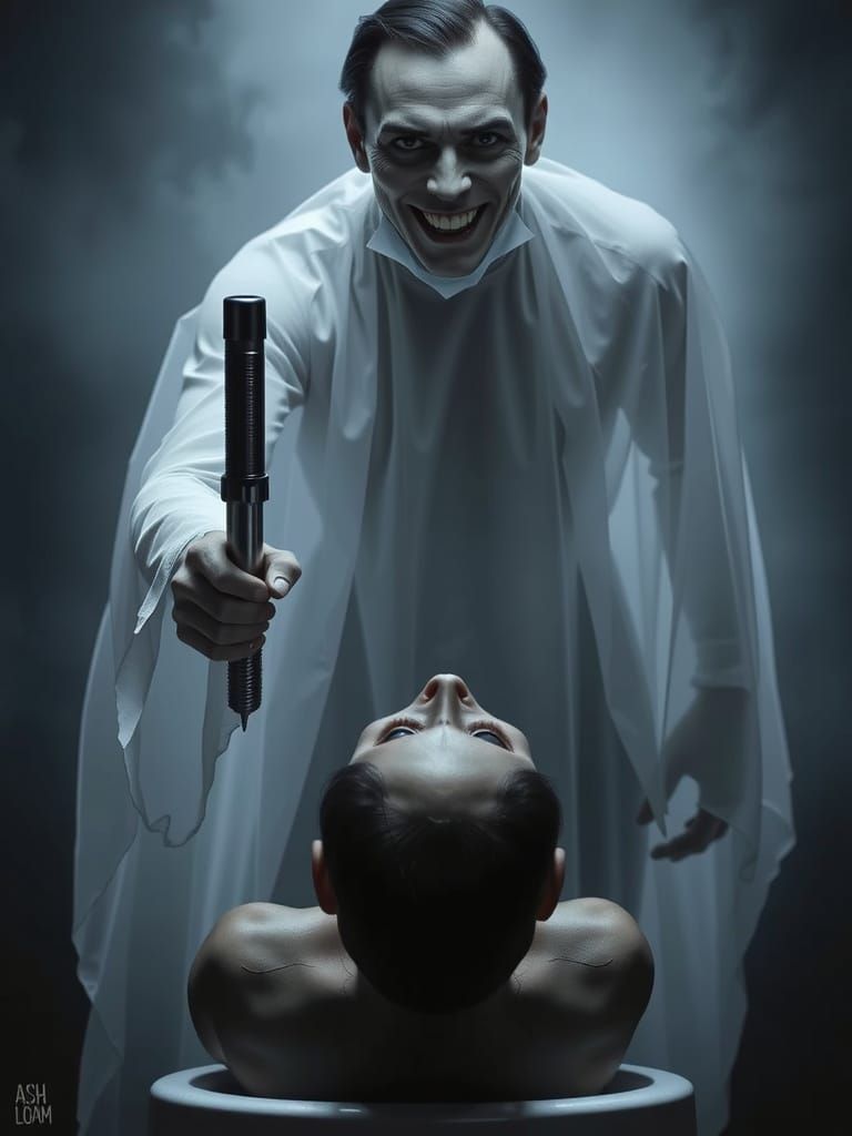 Terrifying Ghostly Figure with Dental Drill in Surreal Style