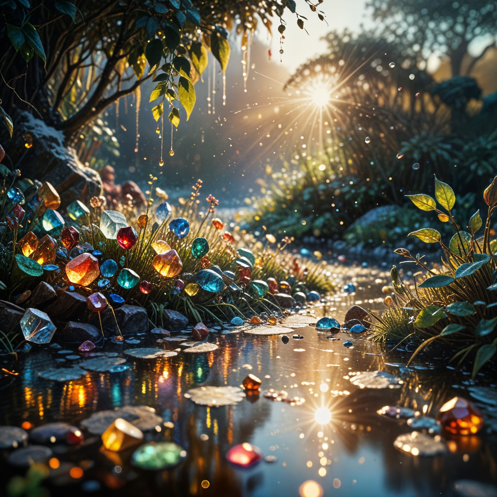 Dreamy Prismatic Landscape with Vibrant Gems
