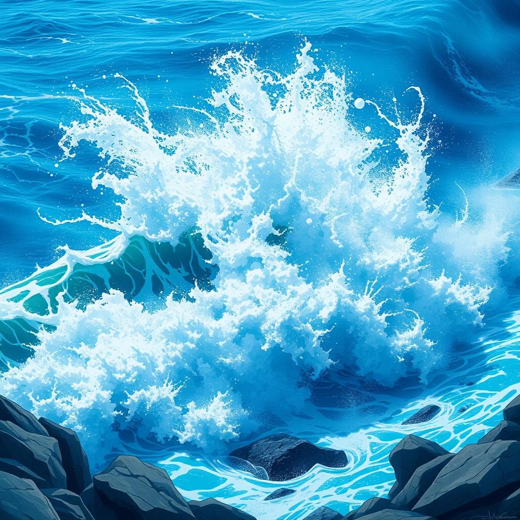 Ocean Waves Crashing in Anime Key Visual Style