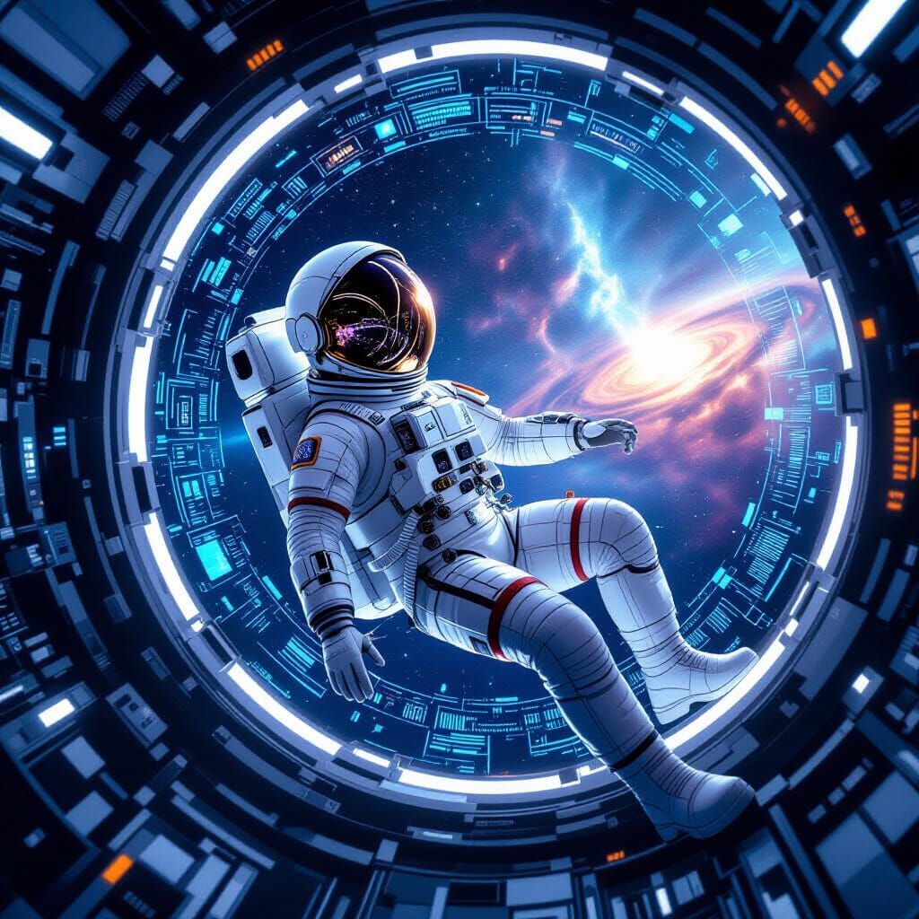 Astronaut Floats in Futuristic Spaceship: Hyperrealistic Sty...