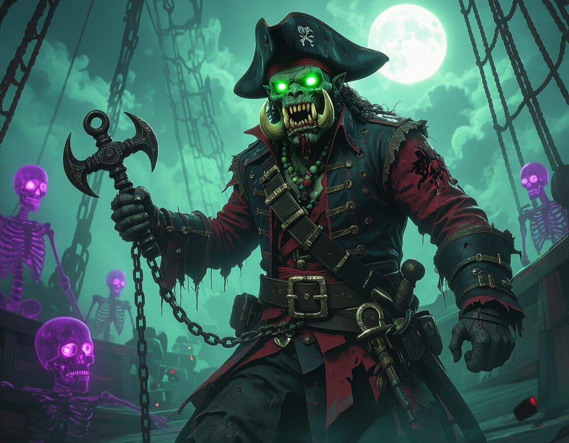 Undead Orc Pirate Captain with Ghostly Skeletons