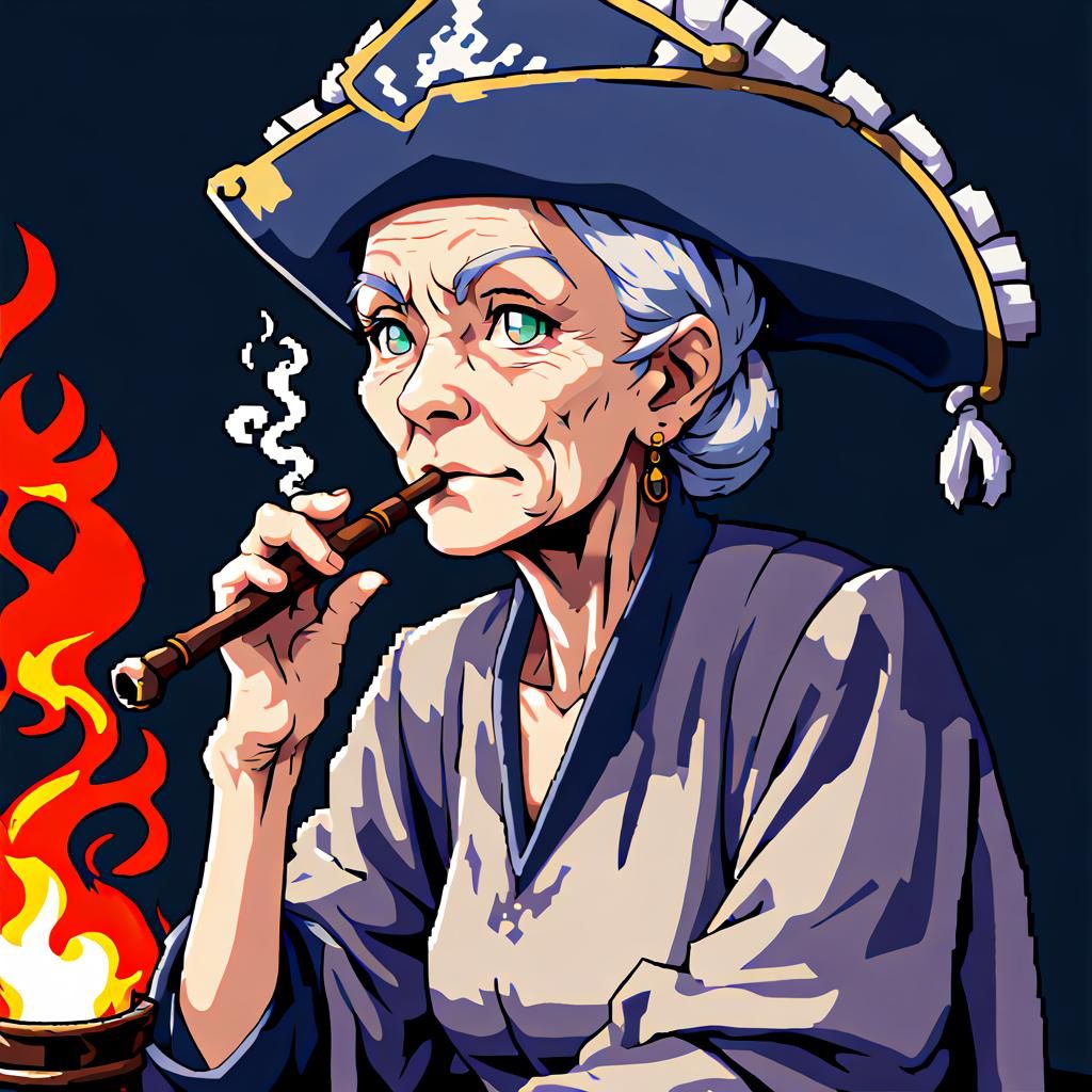 Old Pirate Woman Smoking Pipe in Pixel Art Style
