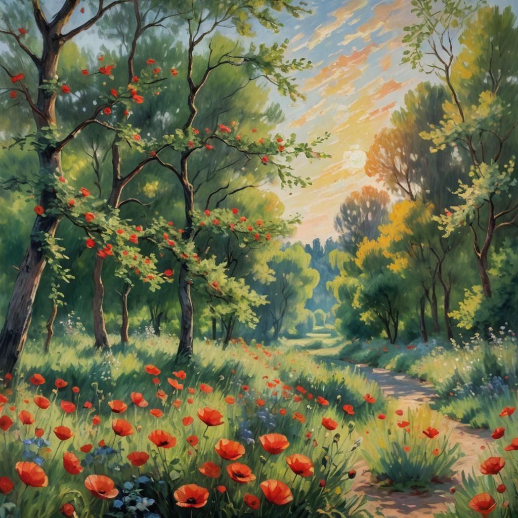 Impressionist Poppy Blossom Landscape with Birds