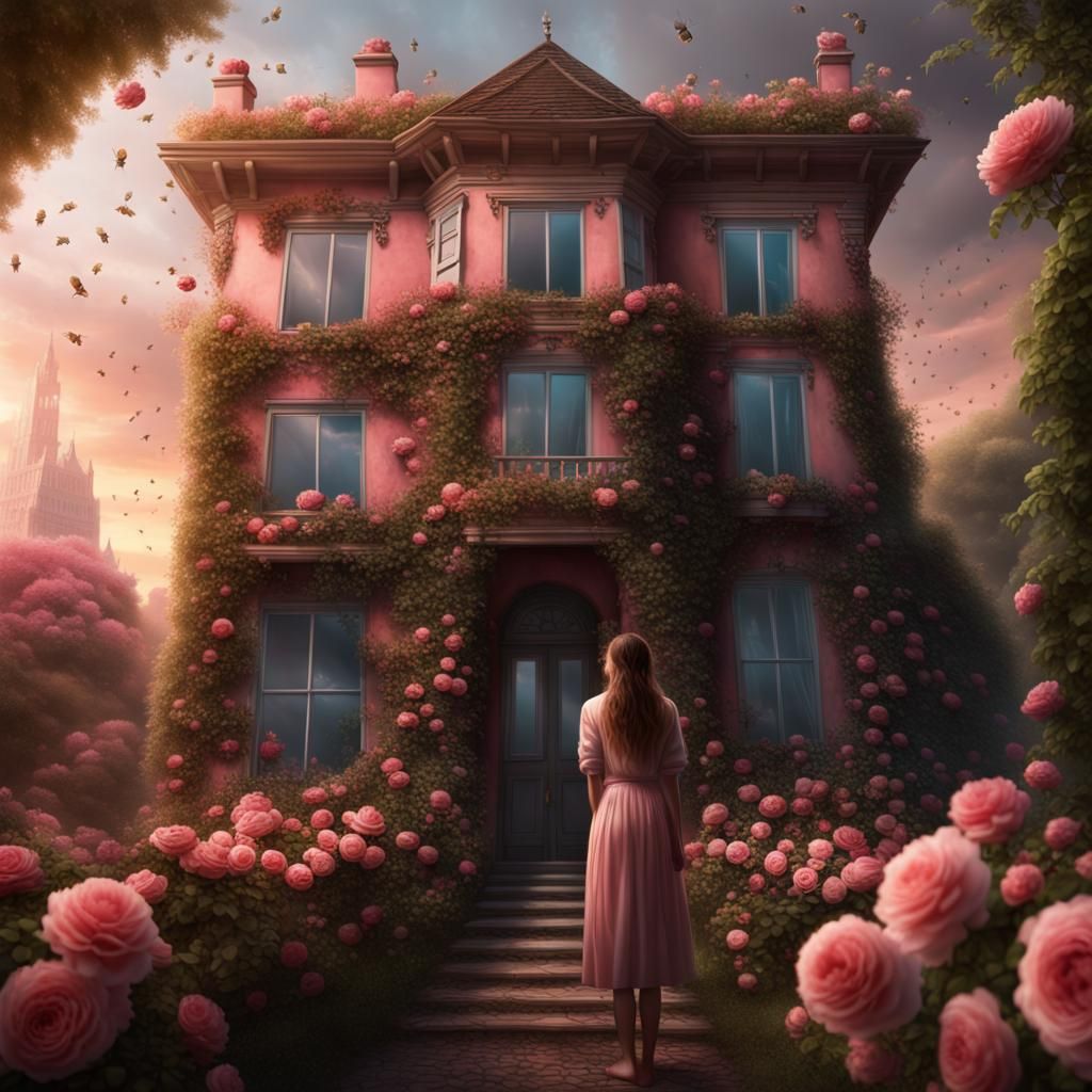 Rose-Covered House with Girl and Bees