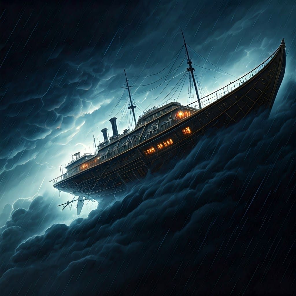 Steampunk Skyship Emerges from Storm as Ink Painting