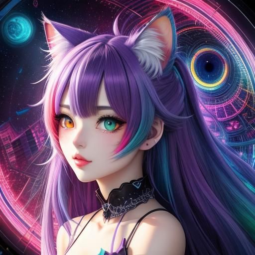 Anime Cat Girl with Heterochromia in Dreamcore Style