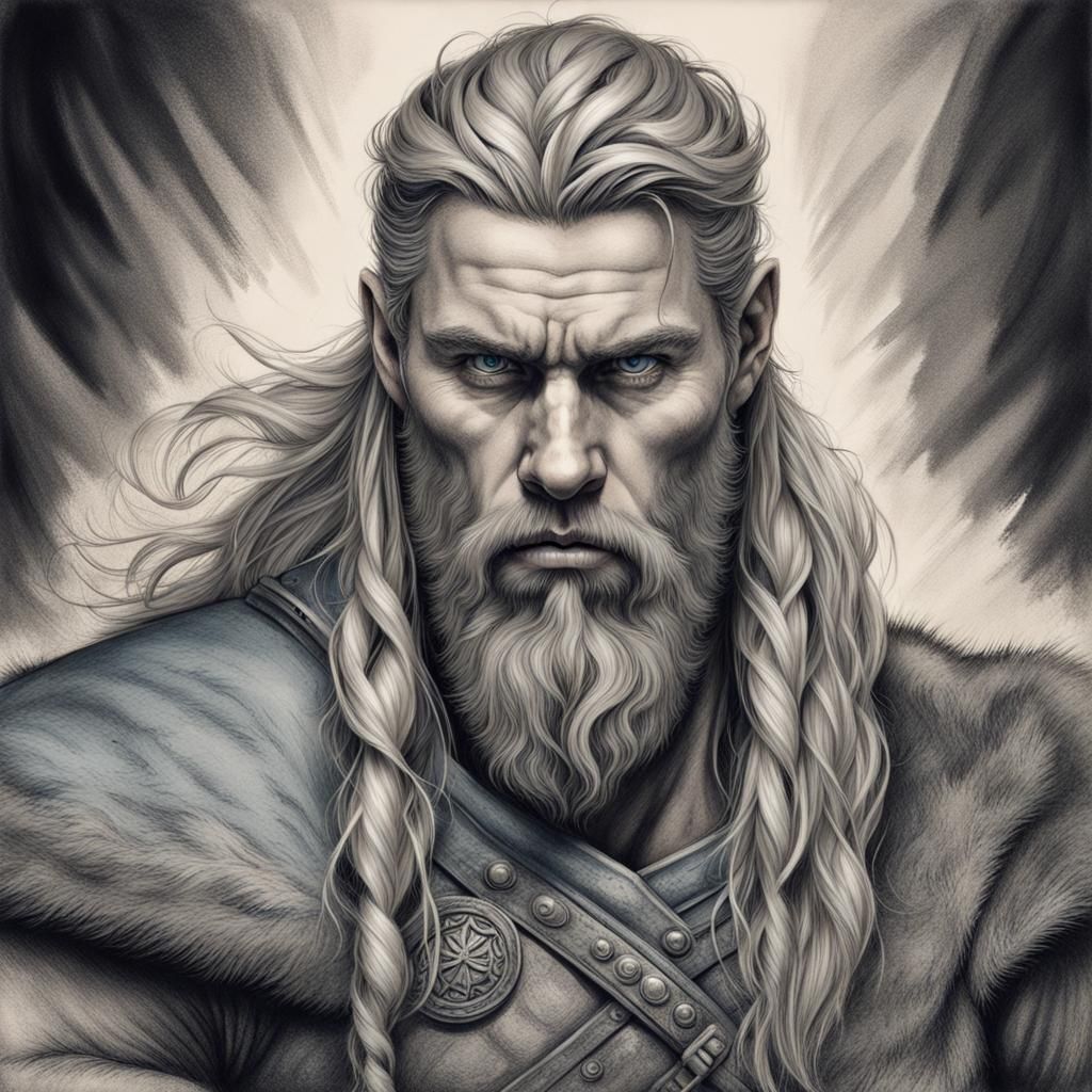 Viking and Wolf in Time Burton Style Charcoal Drawing