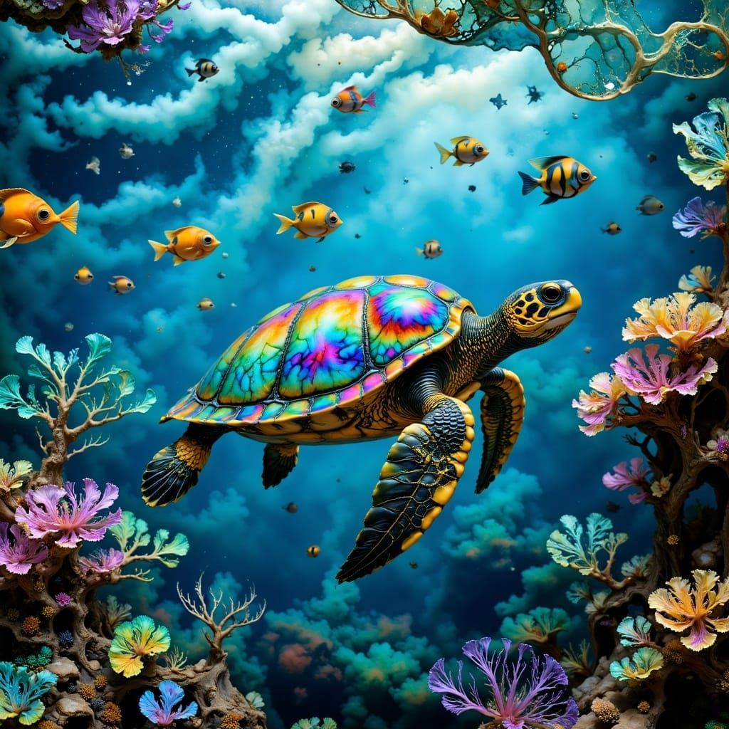 Hyper-Realistic Sea Turtle in Vibrant Underwater Scene