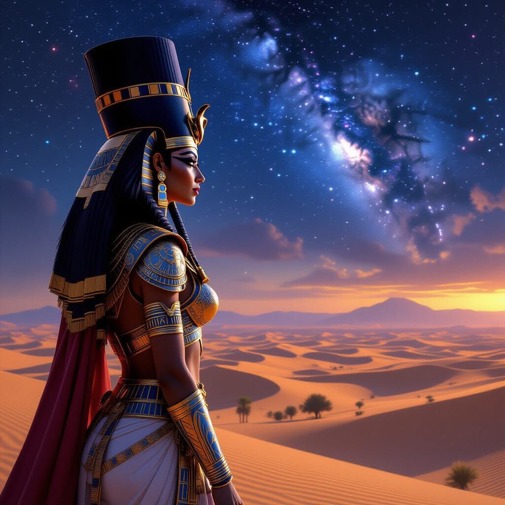 Egyptian Pharaoh Queen of Spades in Desert Landscape