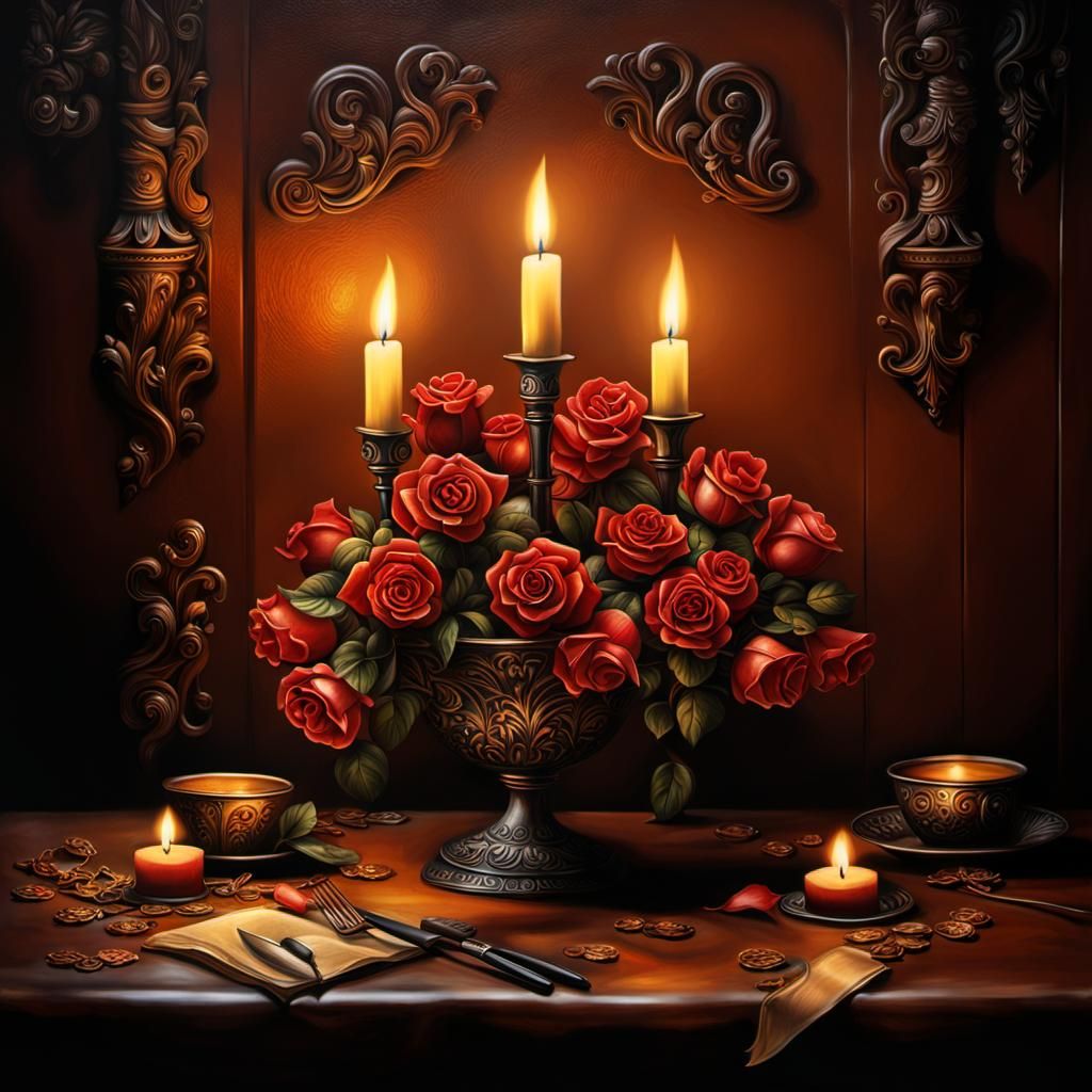 Hyperrealistic Candlelit Table with Leather Roses
