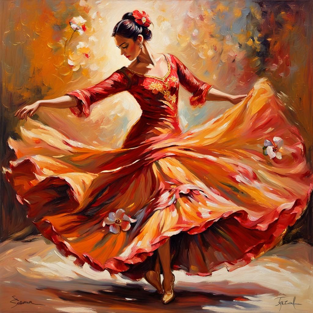 Spanish Dancer in Flowing Dress: Impressionist Oil Painting