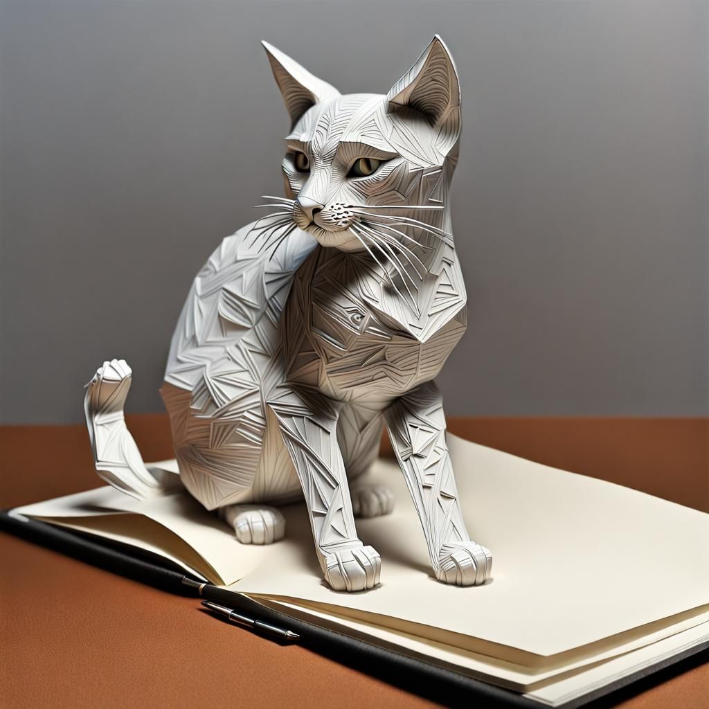 Hyperrealistic Notebook Paper Cat Sculpture