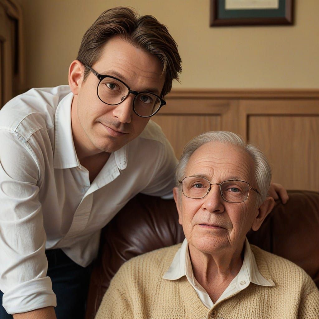 Young Boy Looks Up to Grandfather in a Warm Study
