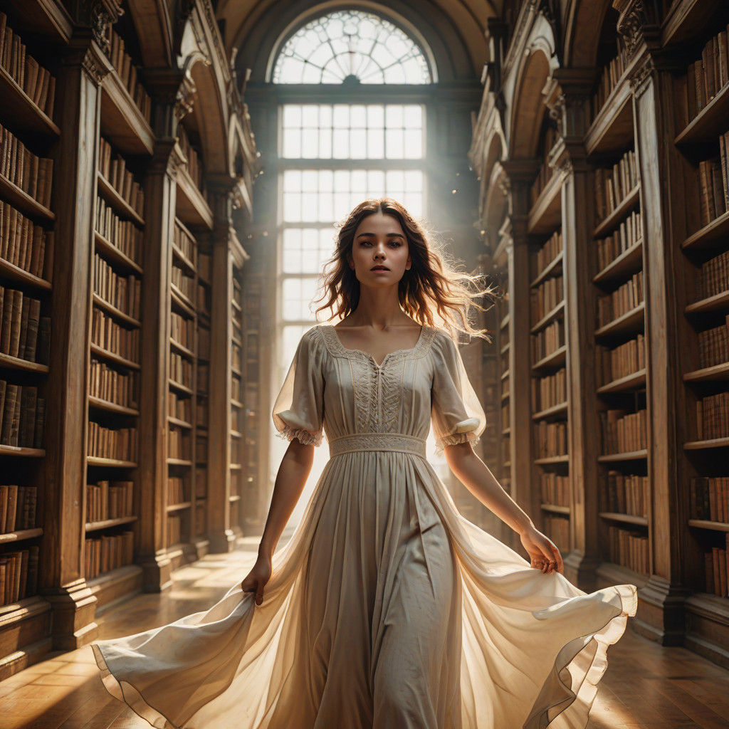 Girl in Flowy White Dress Stands in Dreamlike Library