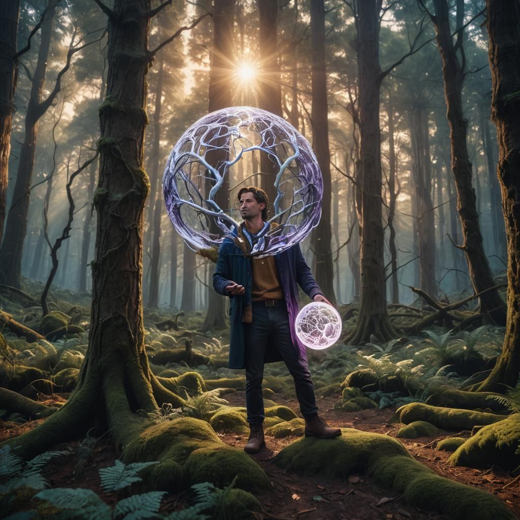 USA Man with Glowing Orb in Mystical Forest