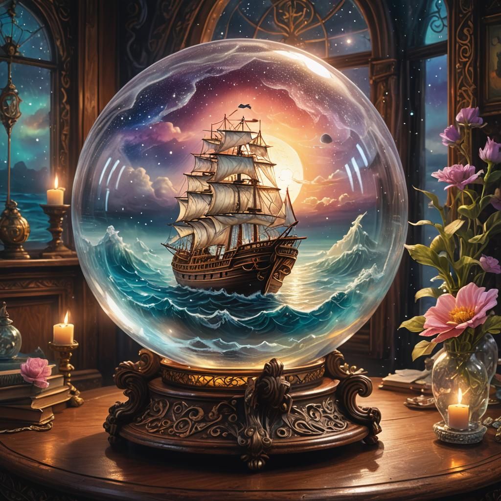 Ghost Ship in Glass Orb: Astral Cosmic Illustration