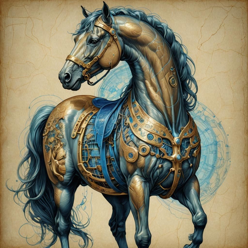 Anatomical Centaur with Golden Accents, da Vinci Style