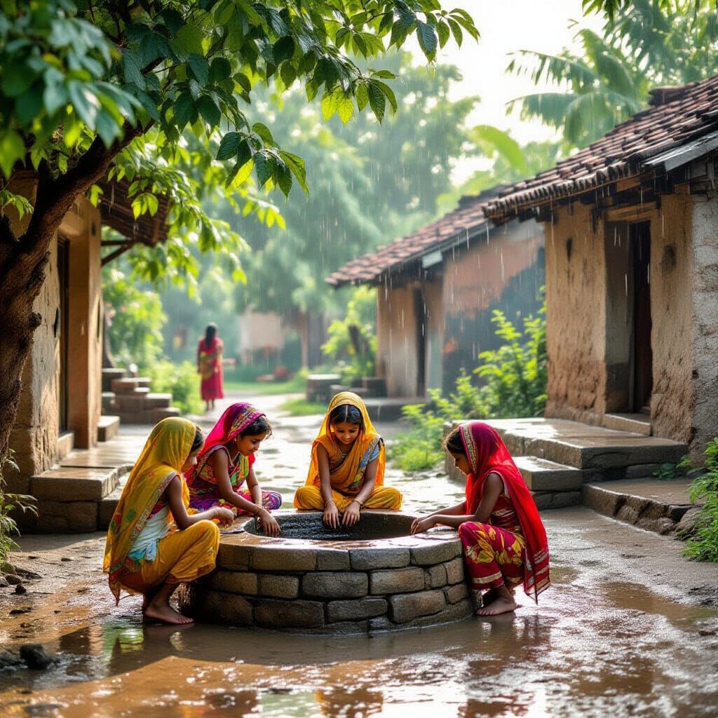 Idyllic Indian Village Scene After Summer Rain