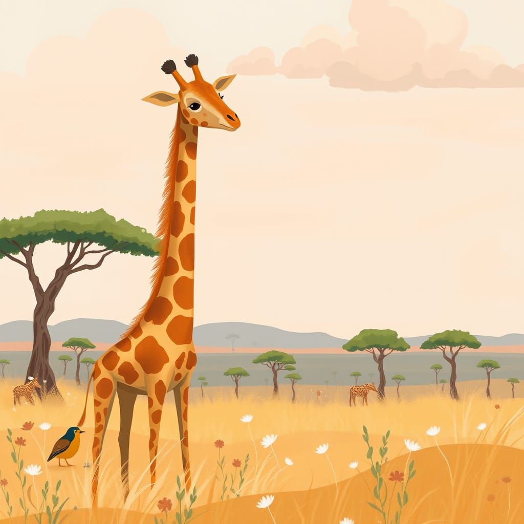 Giraffe in Whimsical Savannah Scene: Digital Art