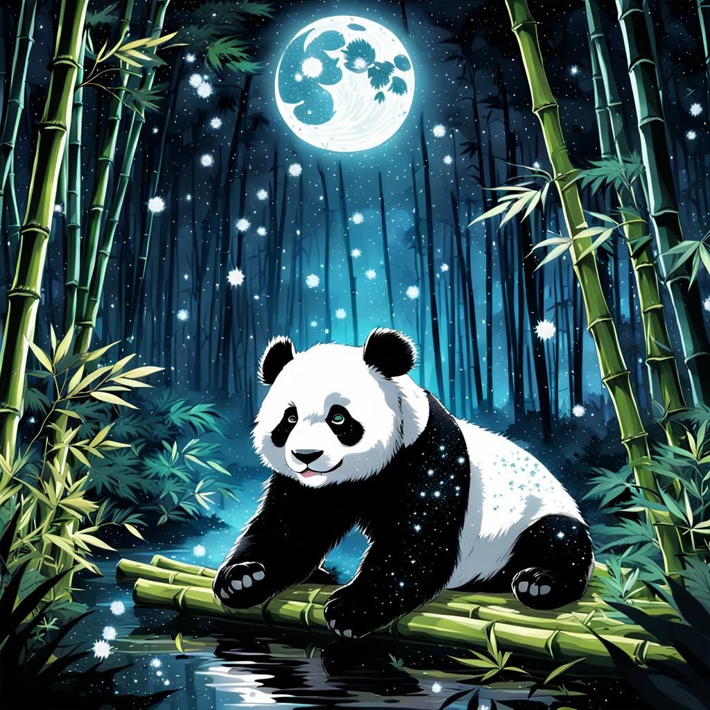 Enchanted Panda in Glittering Moonlit Forest