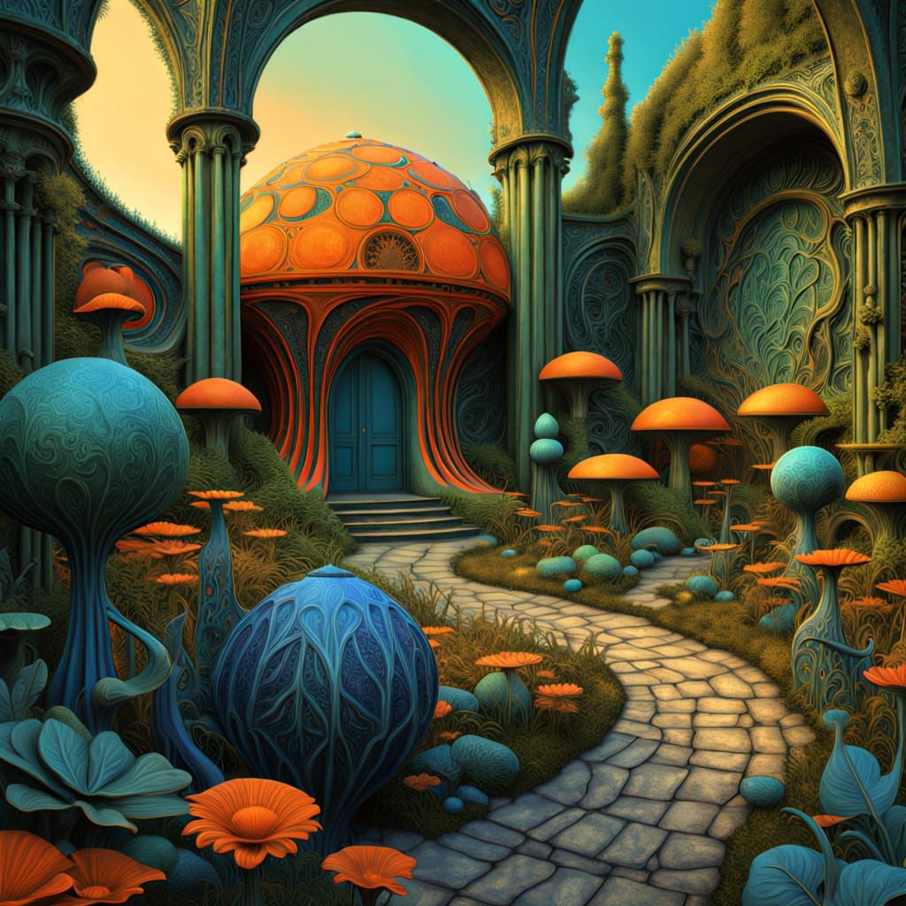 Sunrise Garden with Gothic Archways in Watercolor Style