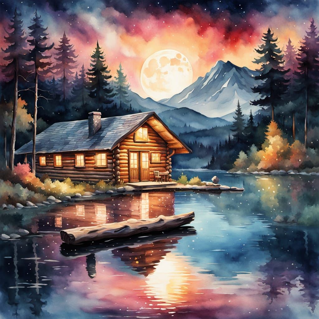 Watercolor Cabin Reflecting Night Sky