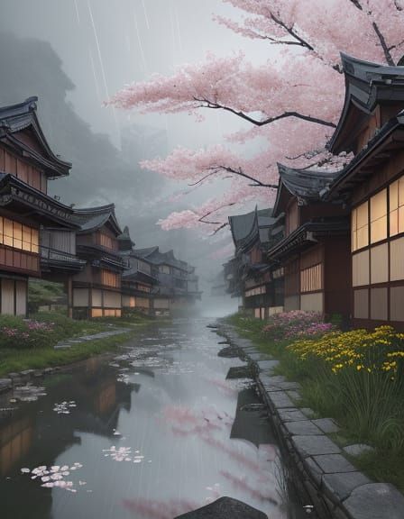 Serene Village in Rainy Season, Sumi-e Style