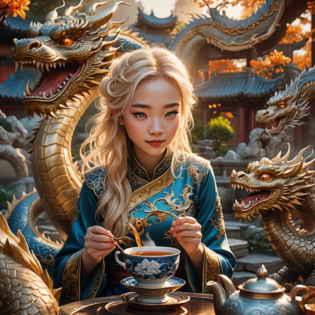 Chinese Girl and Dragon in Golden Light