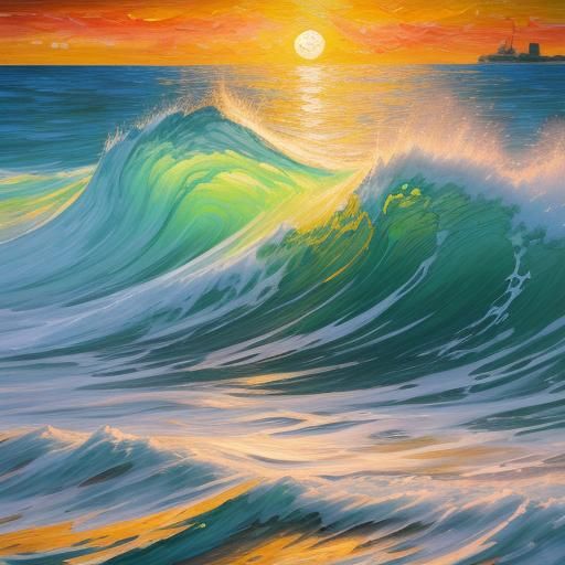 Golden Sunset Waves in Expressionist Impasto Painting