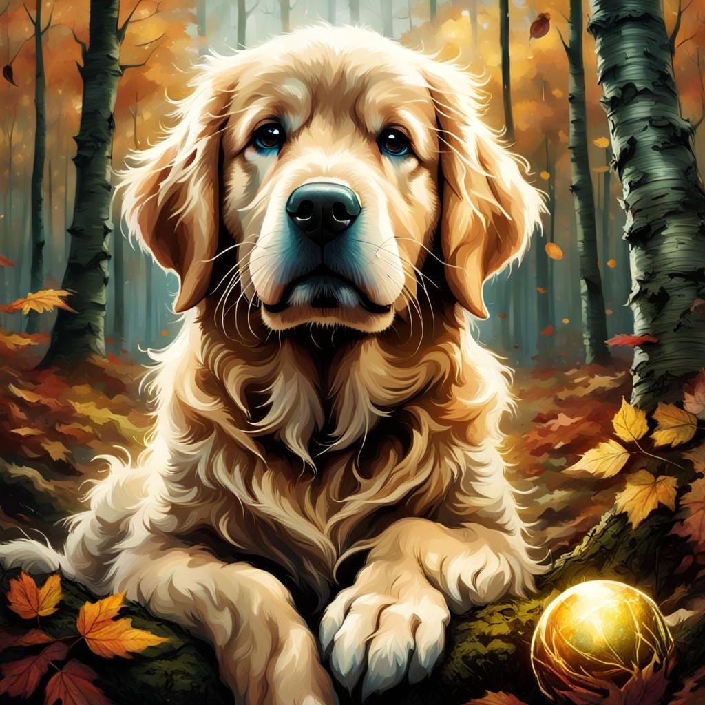 Golden Retriever Puppy with Ball in Autumn Forest