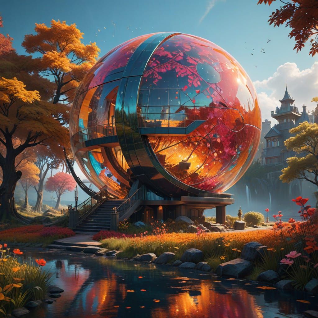 Surreal Glass Palace in Vibrant Confetti Aesthetic