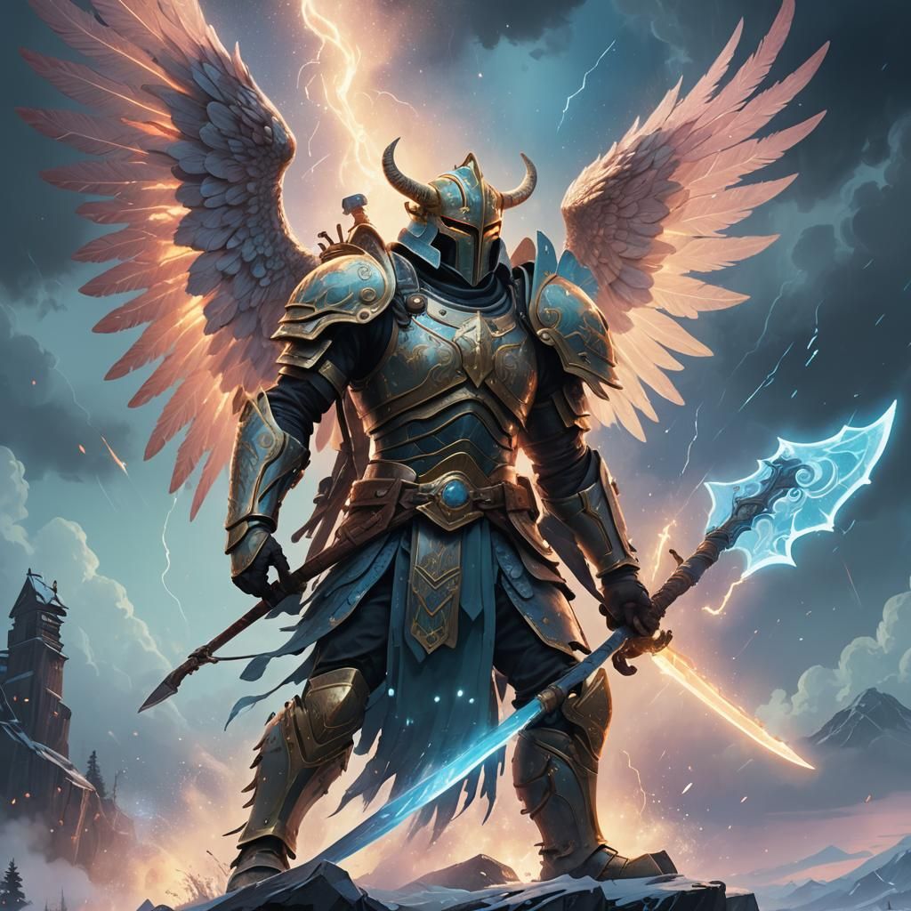 Mythical Winged Warrior with Glowing Axe