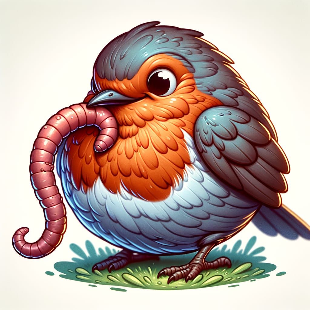 Proud Robin with Worm: Whimsical Bird Portrait
