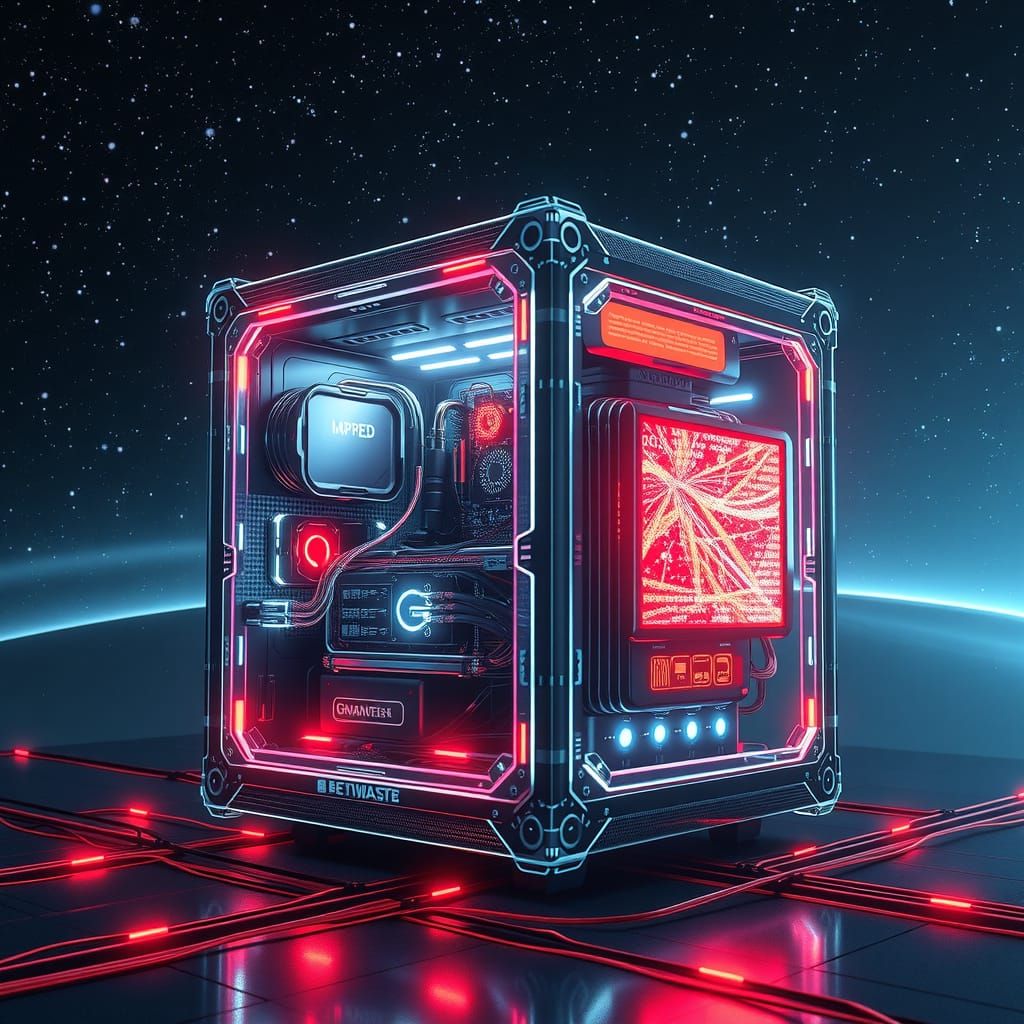Futuristic Computer Cube Illuminated by Holographic Displays