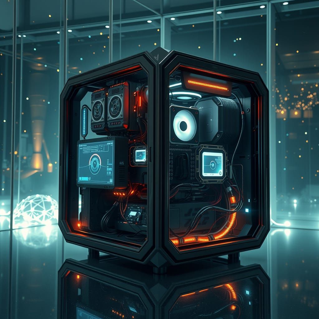 Futuristic, Cyberpunk-Style Computer Cube with Holographic D...
