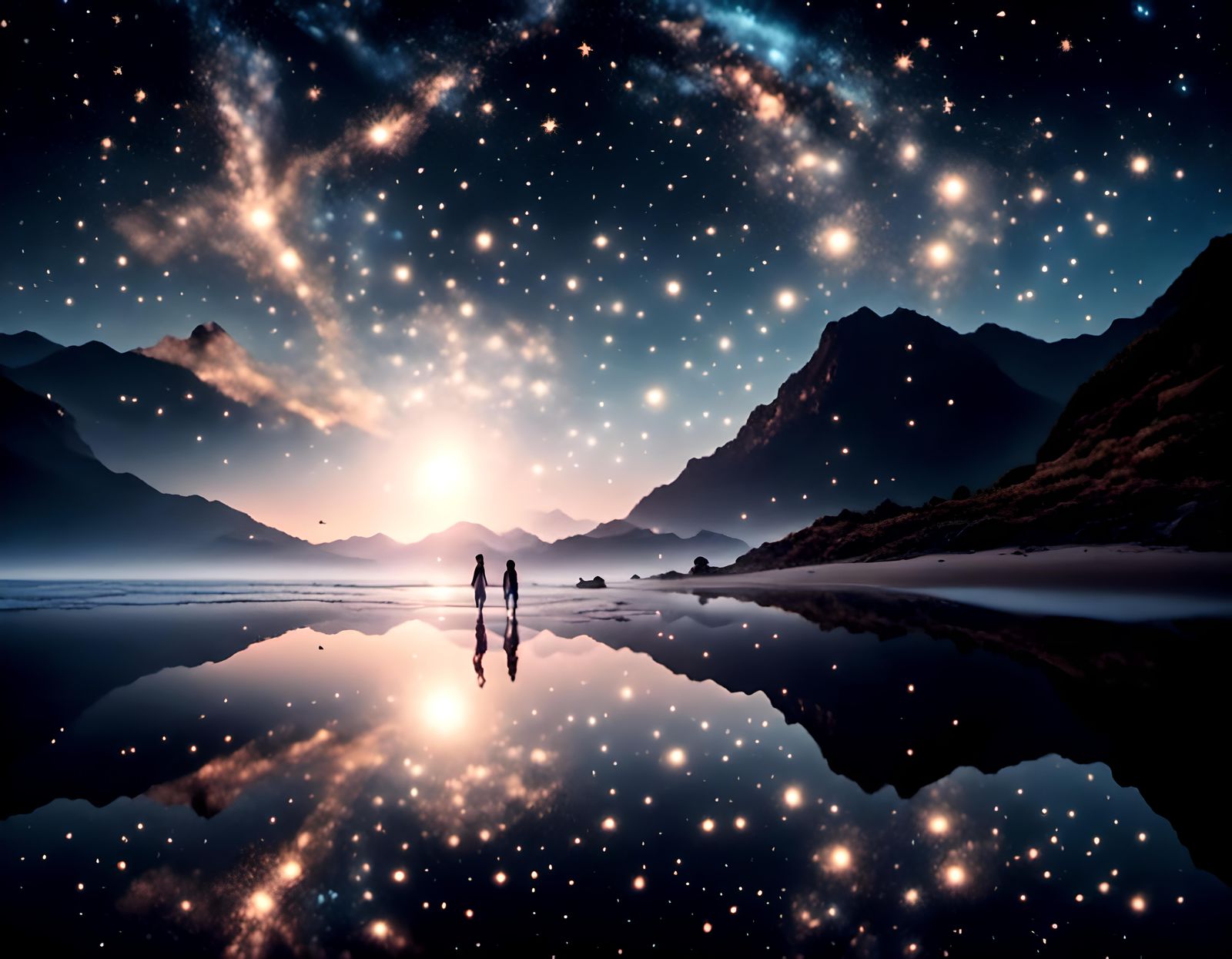 Beach at Sunrise with Stars in Sky